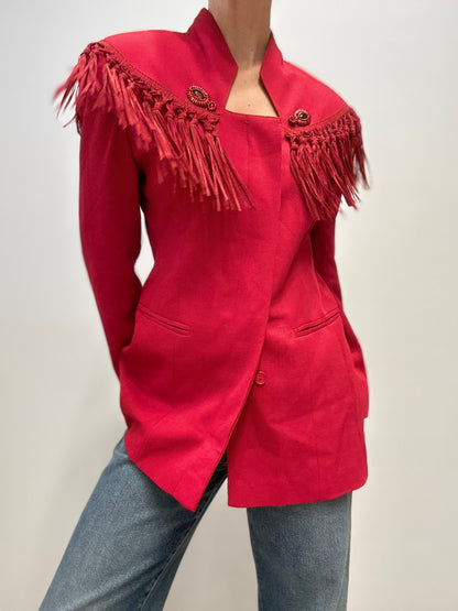 Vintage Italiaanse Wollen Blazer met Franjes in Dieprood