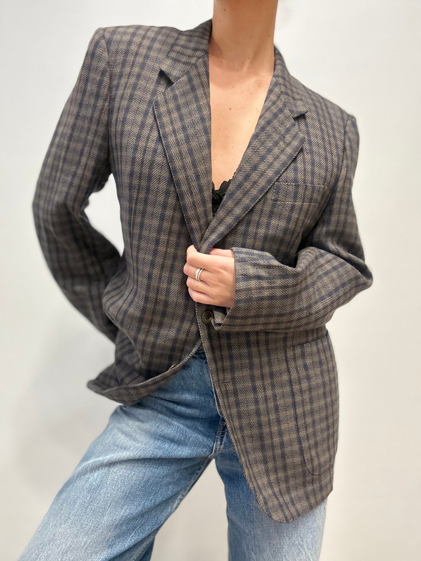 Vintage Burberry Blazer in Grijsblauw Ruitpatroon