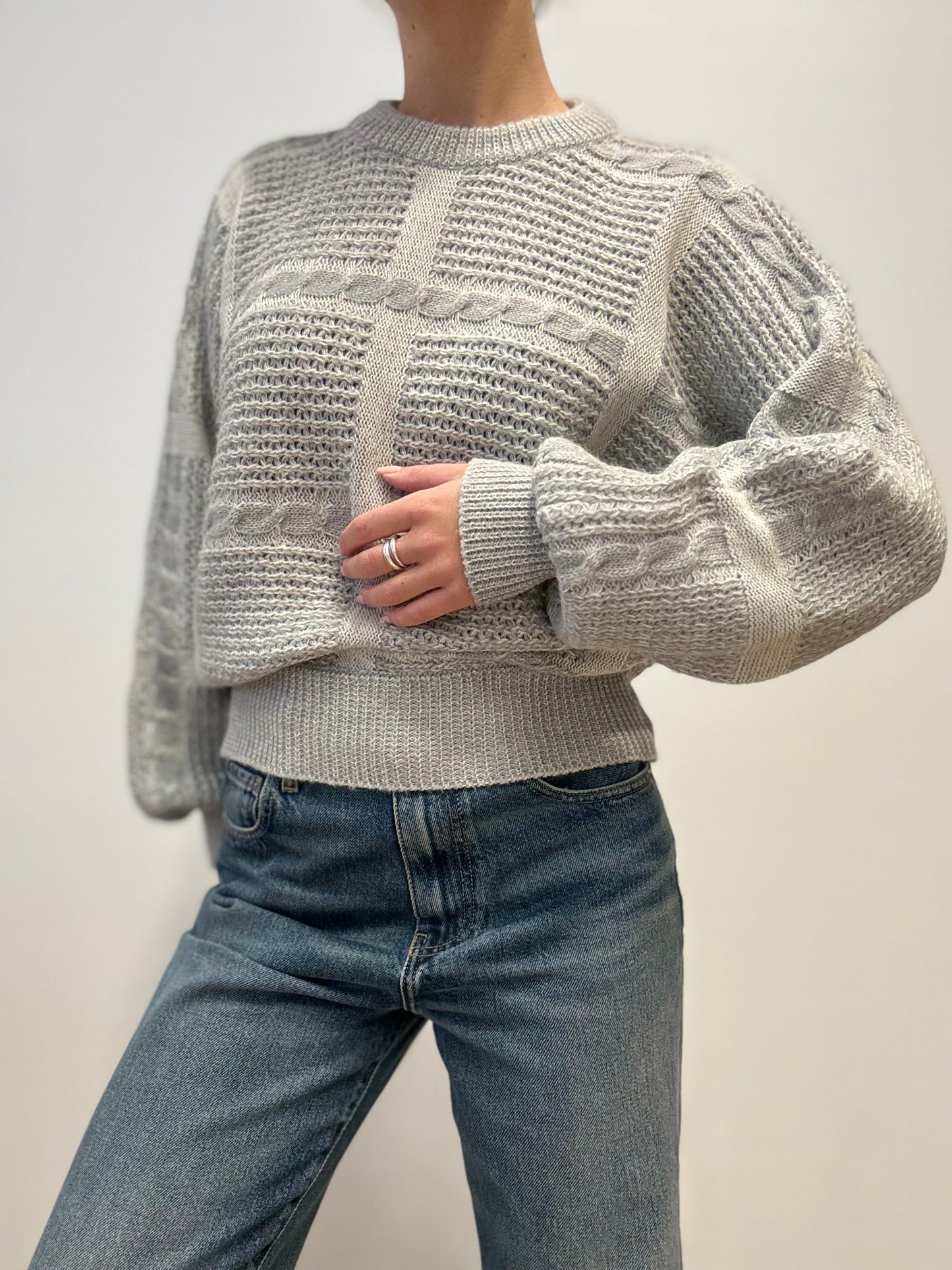 Vintage Grijze Kabelgebreide Trui van Wolmix