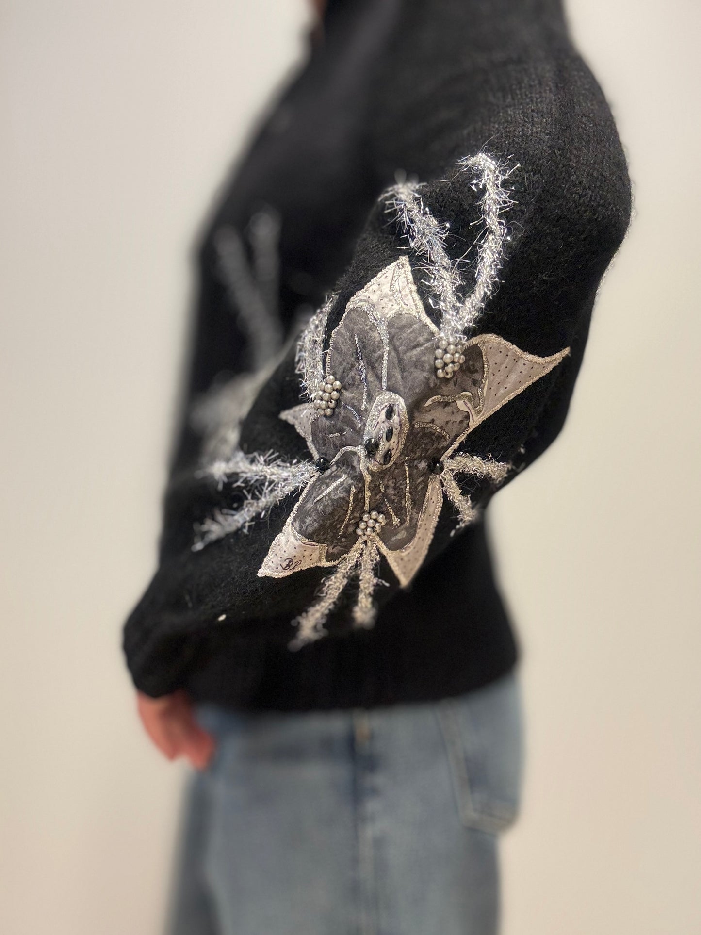 Vintage Zwarte Gebreide Cardigan met Bloemembroidery