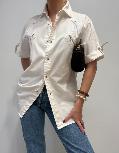 Vintage White Denim Shirt with Zipper Pockets
