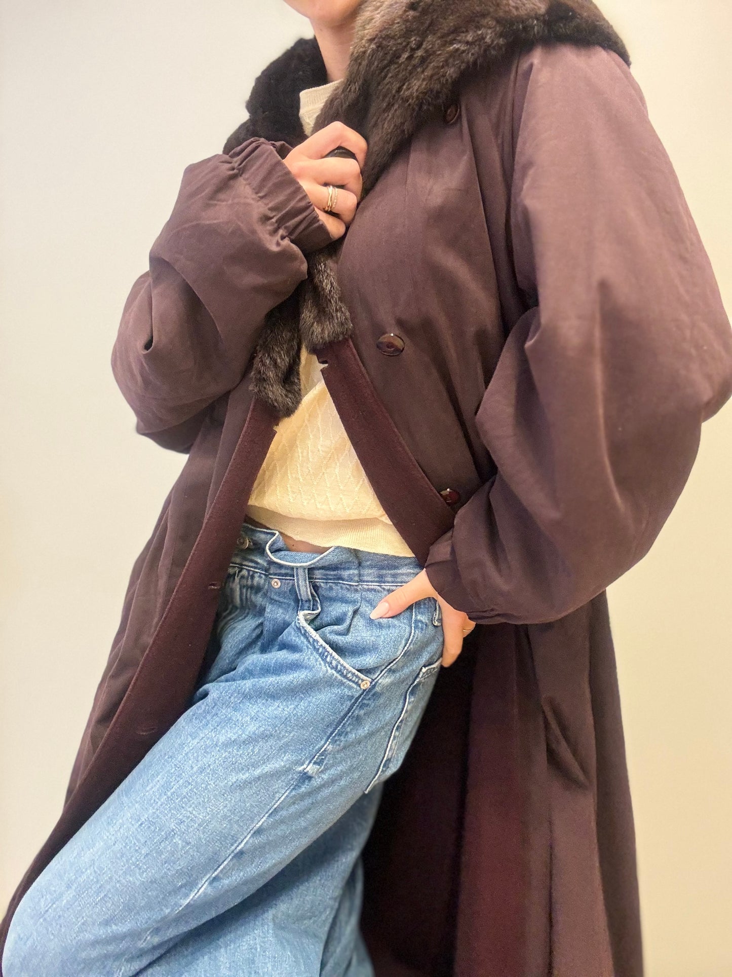 Vintage Maxi Coat with Fur Collar in Burgendy