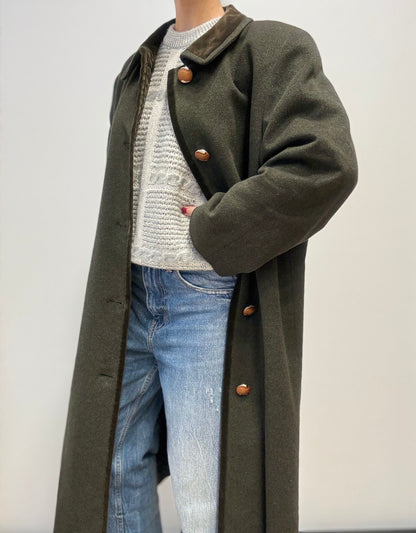 Lange wollen jas met fluwelen kraag – donkergroen