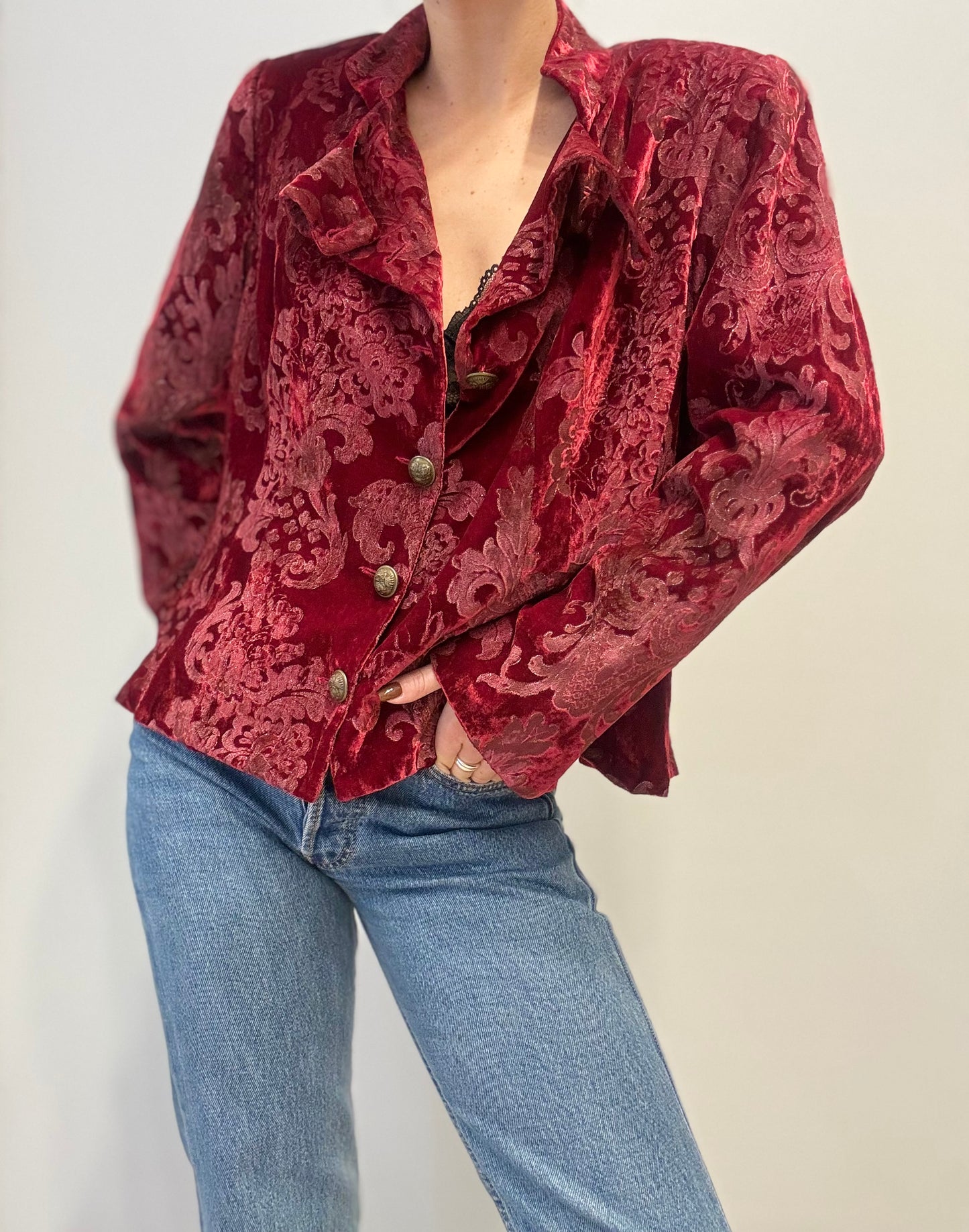 Vintage Fluwelen Brokaat Blazer in Dieprood