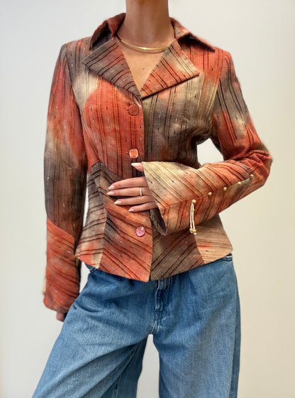 Vintage Getailleerde Blazer met Aardetinten in Streeppatroon