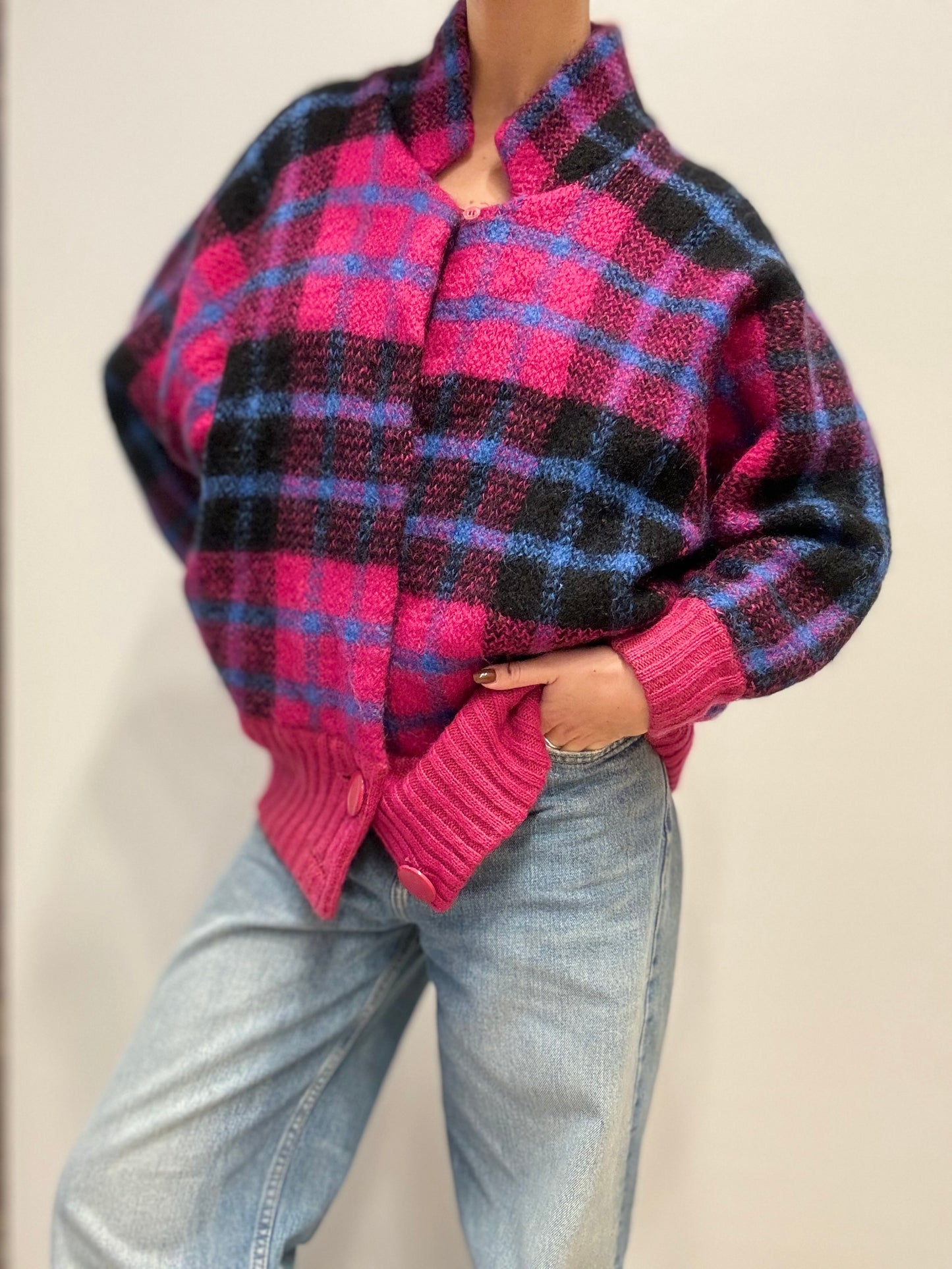 Vintage Geruite Cardigan in Fuchsia, Zwart en Blauw