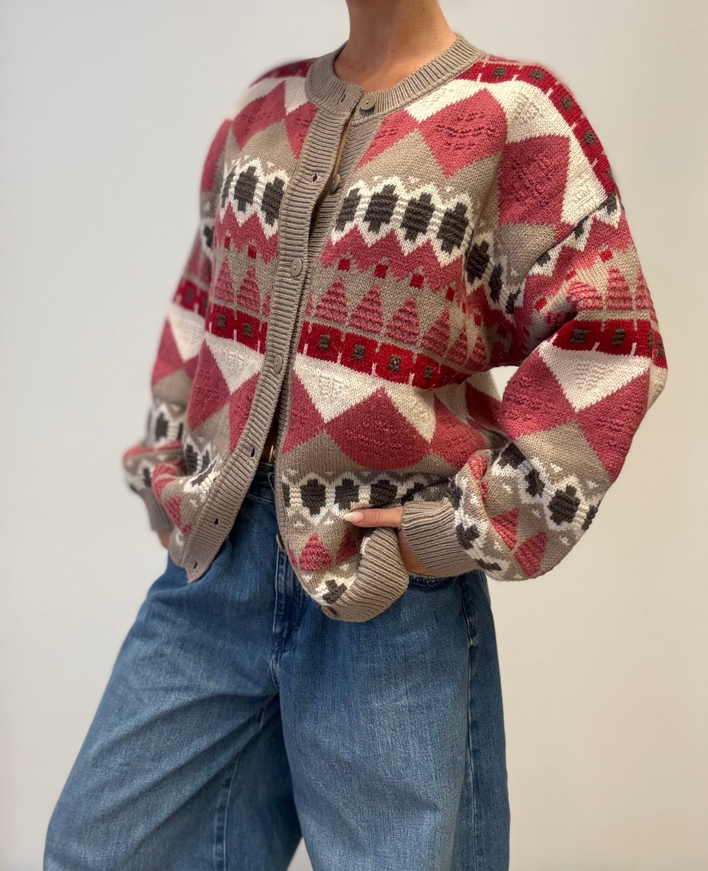 Vintage Geometric Knit Cardigan in Red & Taupe