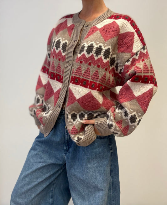 Vintage Geometric Knit Cardigan in Red & Taupe