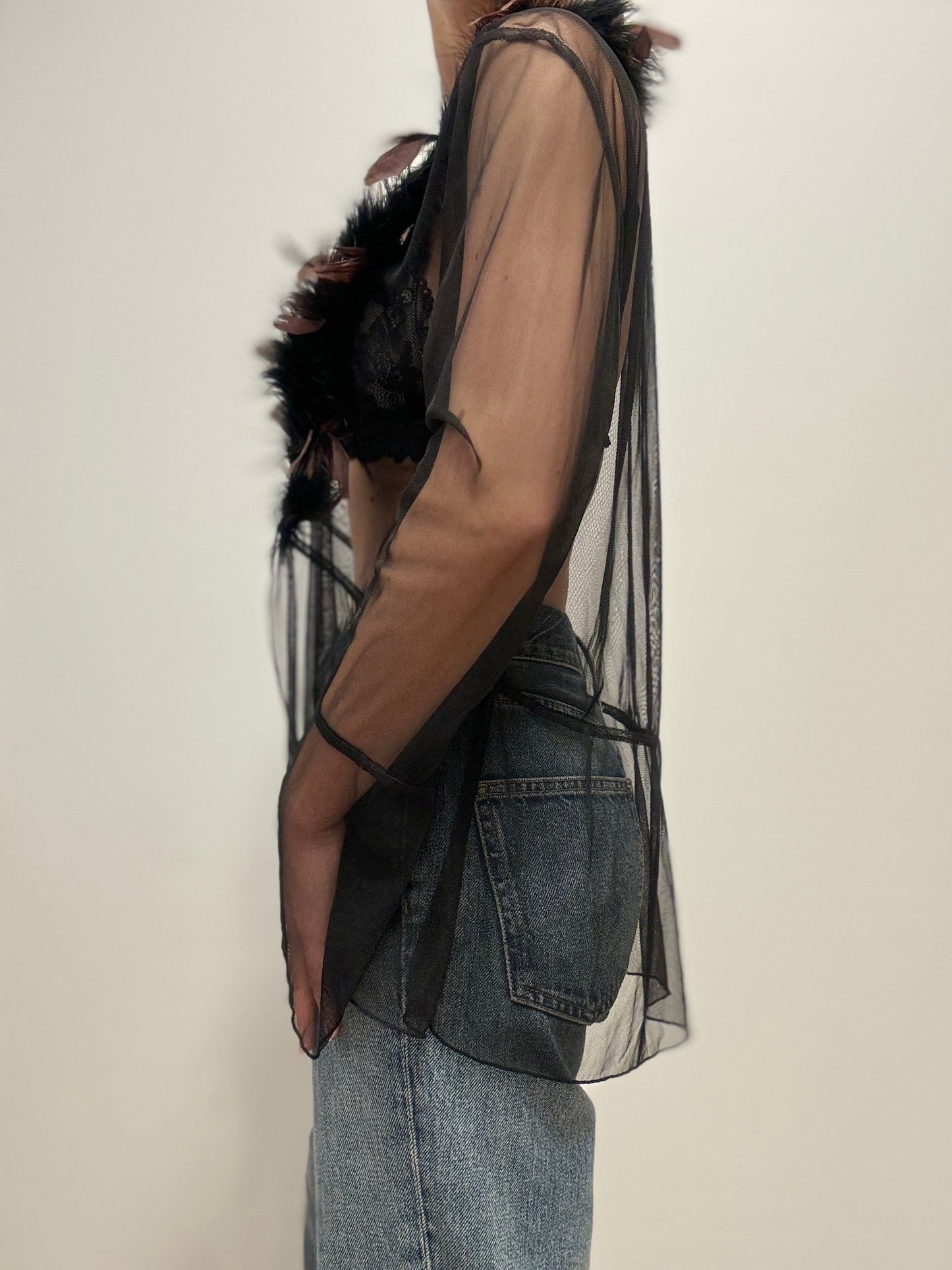 Vintage Sheer Tulle Blouse with Feather Trim in Black