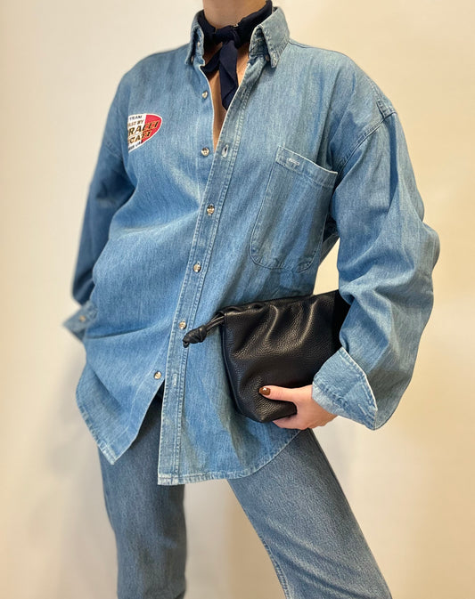 Vintage Racing-Inspired Denim Shirt with Embroidered Patch