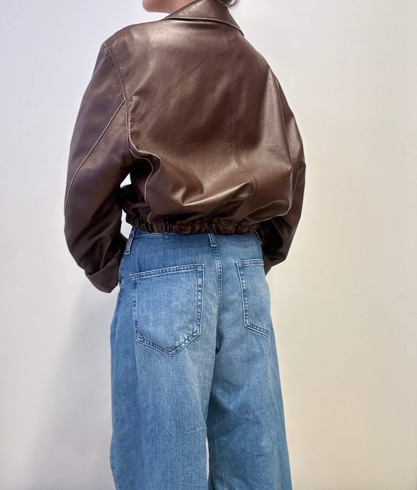 Vintage Cropped Leather Jacket in Dark Brown