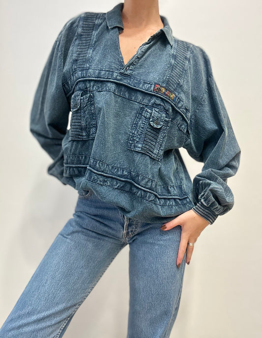 Vintage 80s Denim Look Pullover Shirt with Embroidered Detail