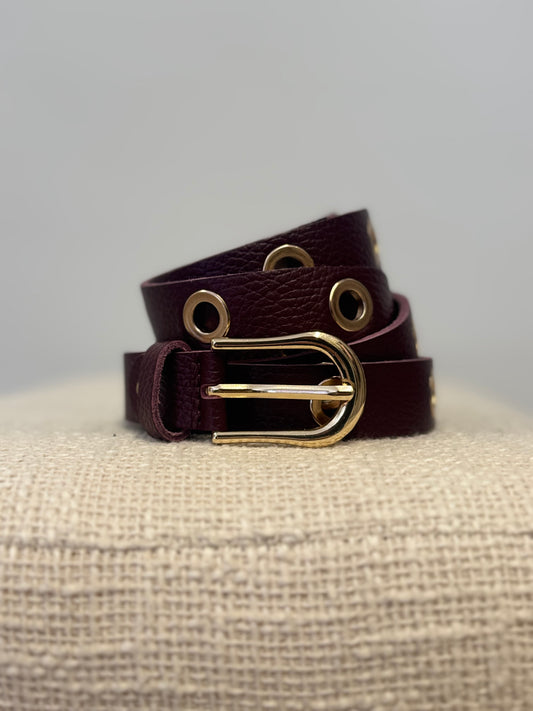 Burgundy eyelet belt with gold