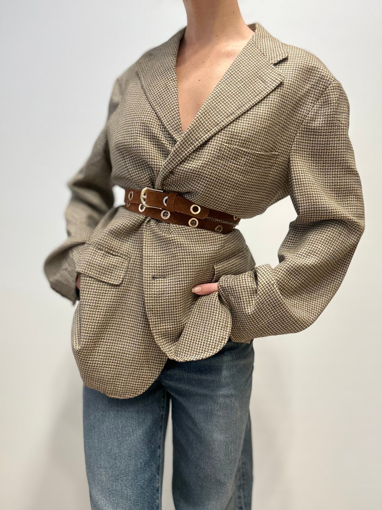 Vintage Burberry Wool & Cashmere Blazer in Houndstooth Beige
