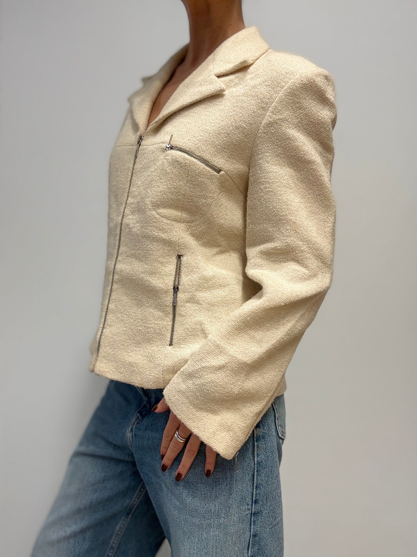 Vintage Crèmekleurig Wollen Jasje met Ritsdetails