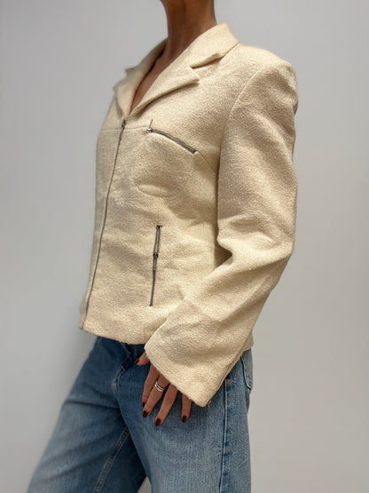 Vintage Crèmekleurig Wollen Jasje met Ritsdetails