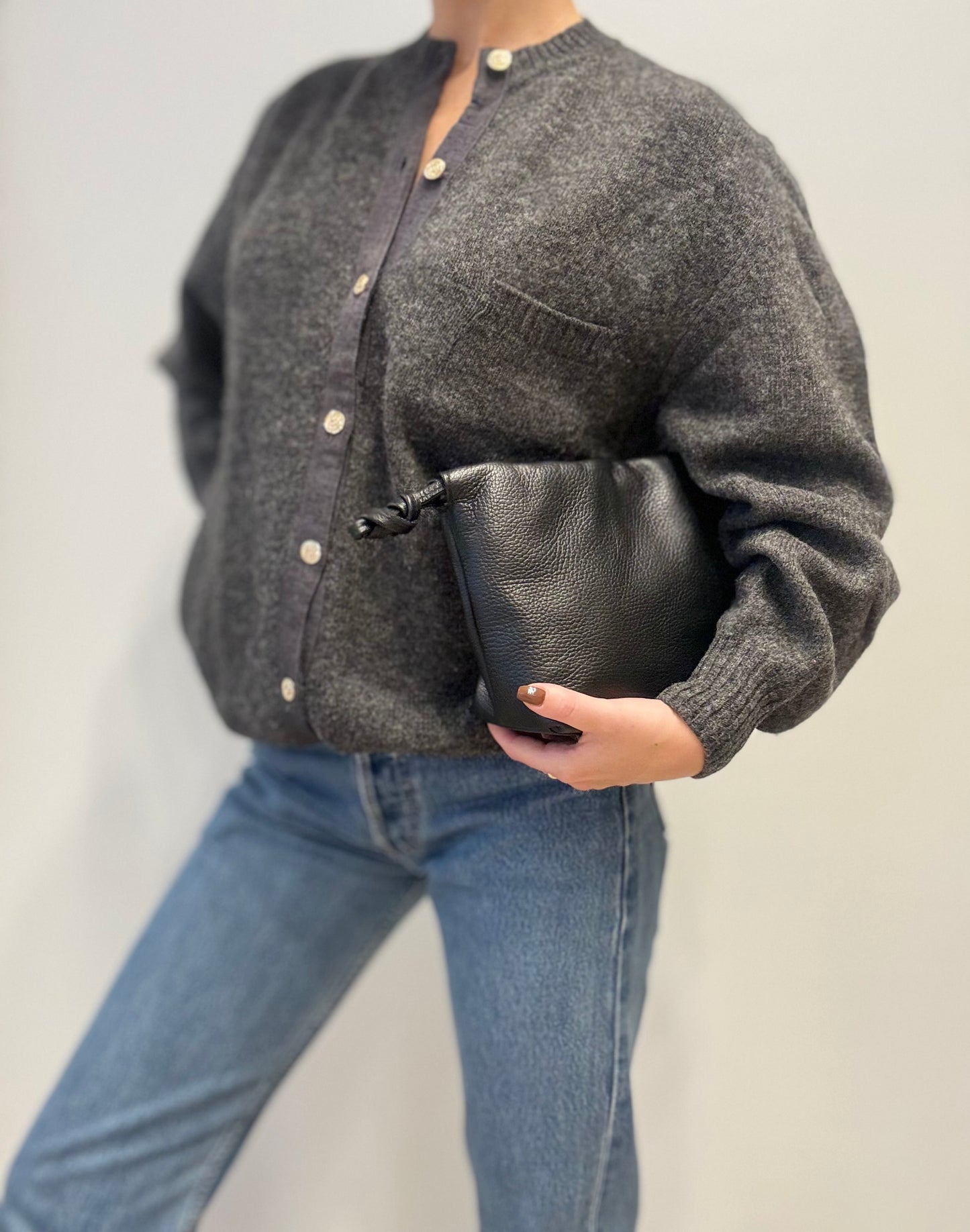 Vintage Wool-Blend Cardigan with Contrast Trim in Charcoal Grey