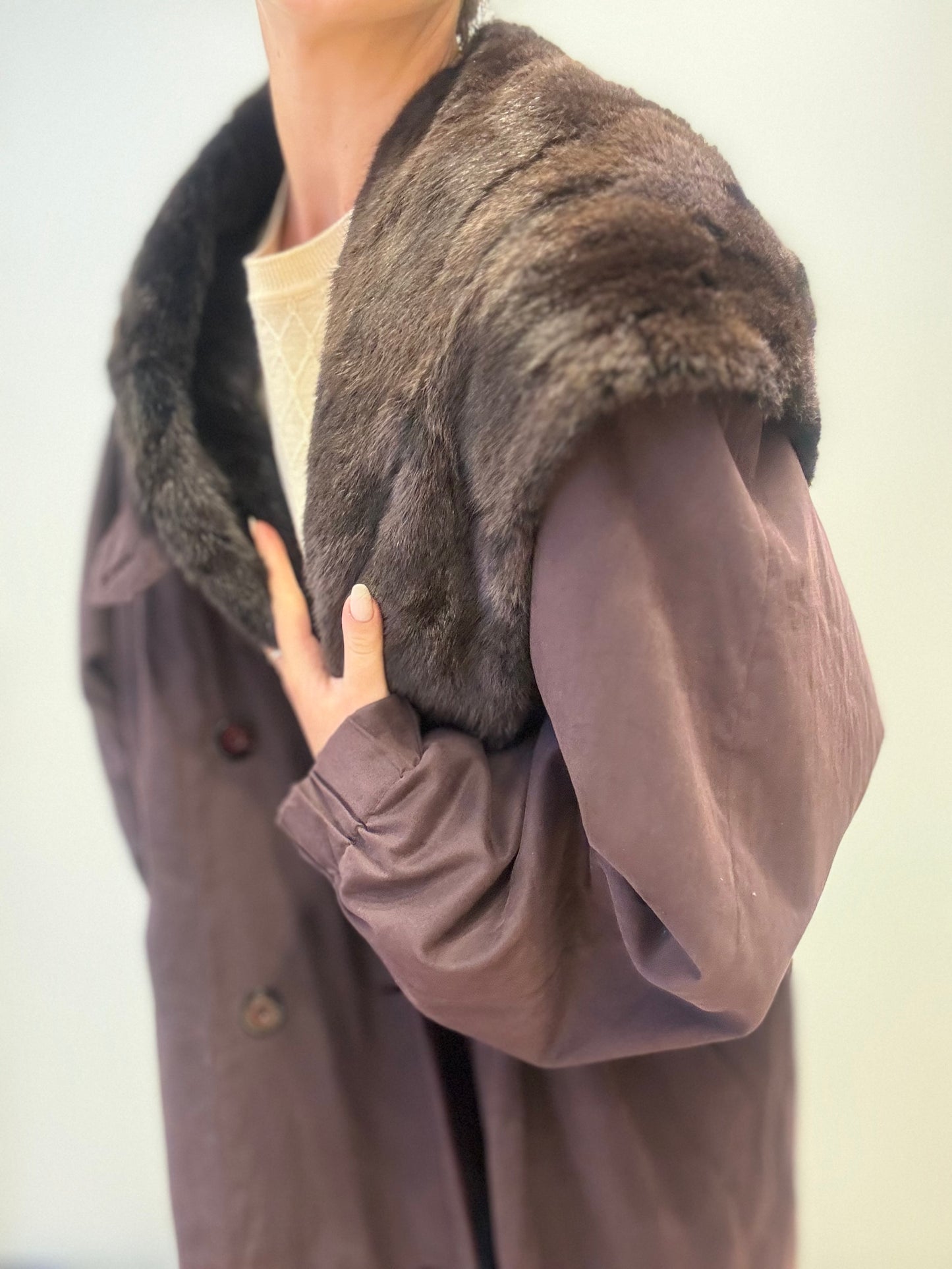 Vintage Maxi Coat with Fur Collar in Burgendy