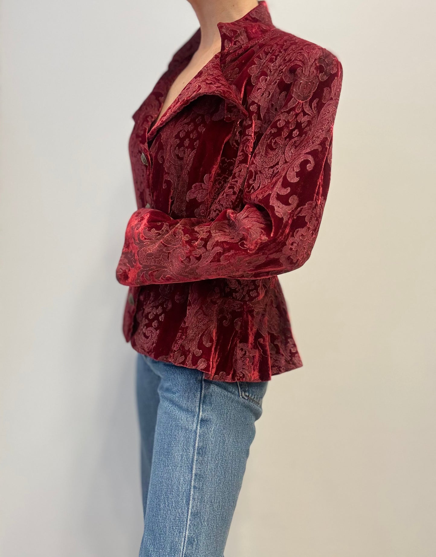 Vintage Fluwelen Brokaat Blazer in Dieprood