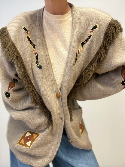 Vintage Italian Mohair Cardigan with Fringe & Embroidery