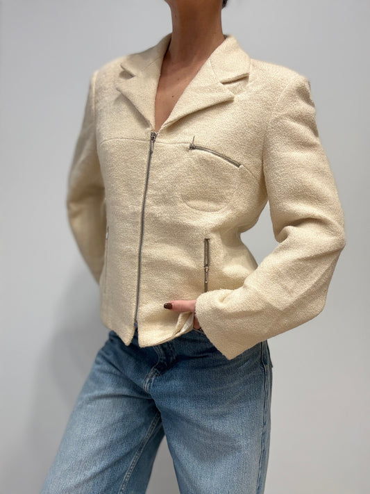 Vintage Crèmekleurig Wollen Jasje met Ritsdetails
