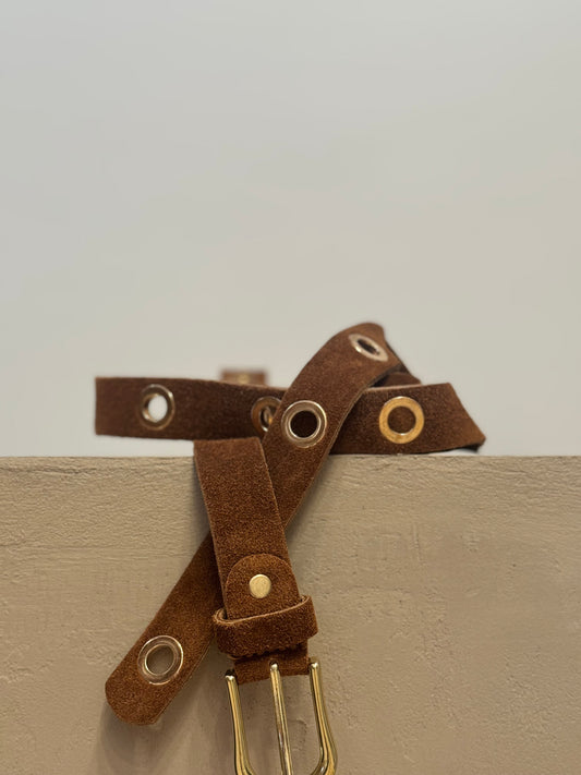 Camel Suede Belt with gold Eyelets