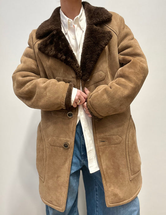 Vintage Shearling Jas met Donkerbruine Kraag