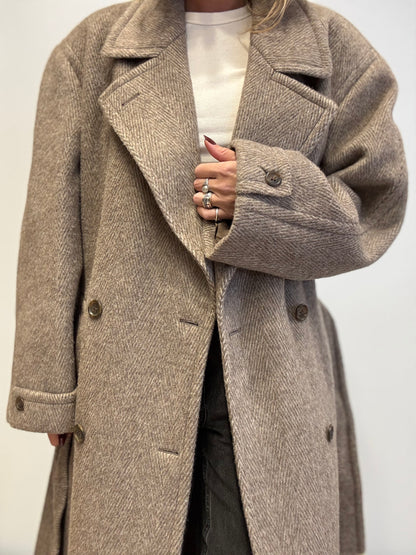 Vintage Wool-Blend Coat in Taupe Herringbone