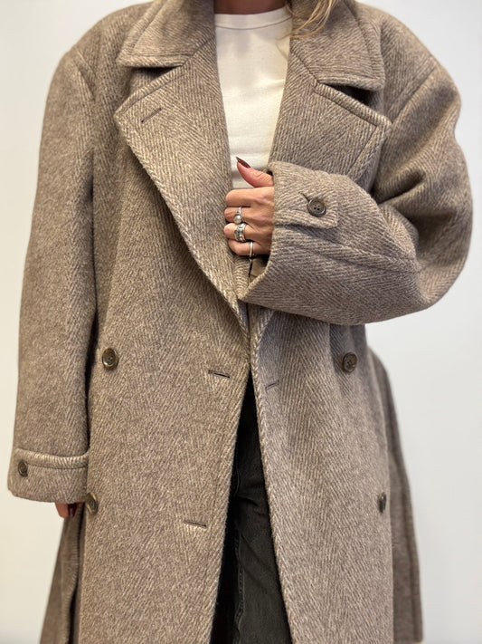 Vintage Wool-Blend Coat in Taupe Herringbone