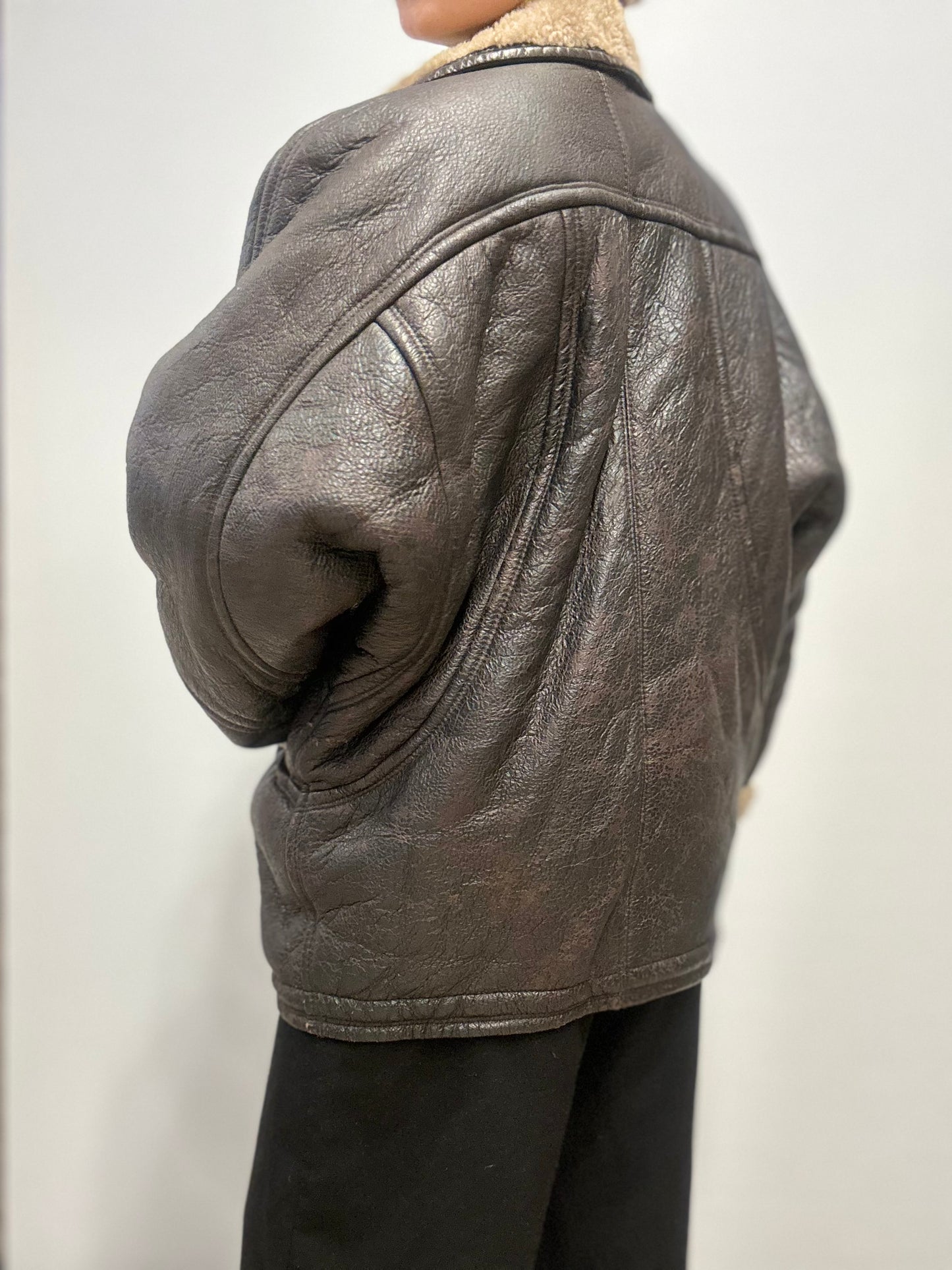 Vintage shearling Leren Jas in Donkerbruin