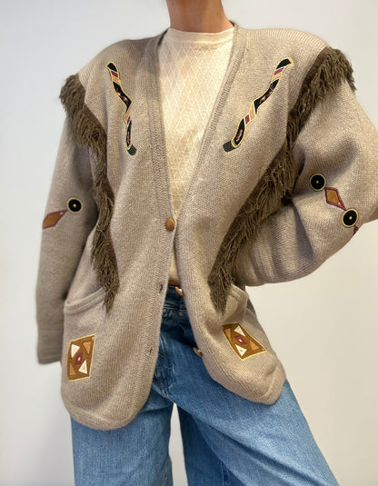 Vintage Italian Mohair Cardigan with Fringe & Embroidery