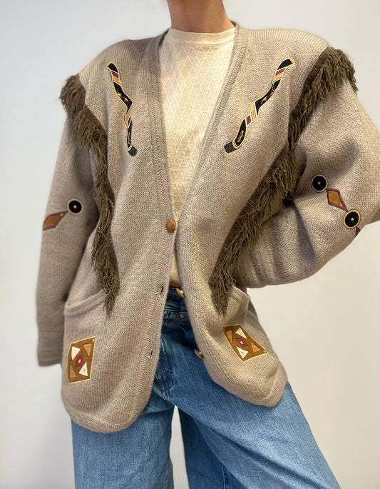 Vintage Italian Mohair Cardigan with Fringe & Embroidery