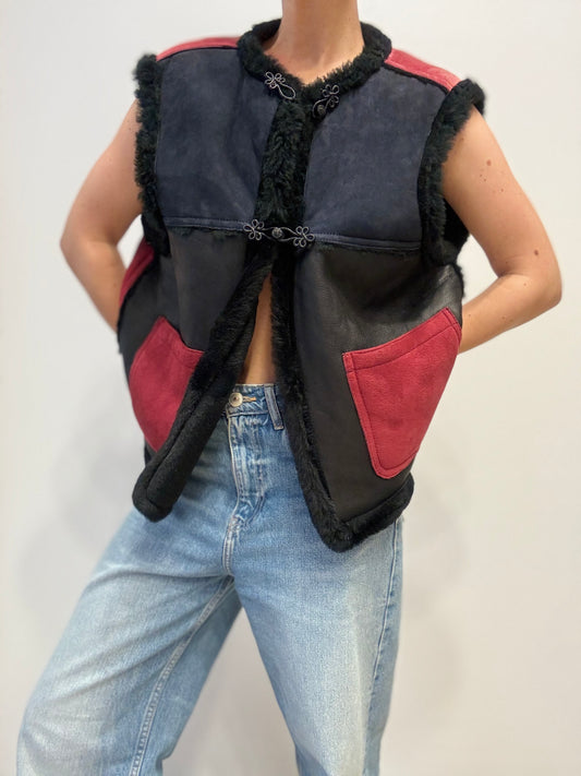 Vintage Shearling Gilet met Contrastpanelen