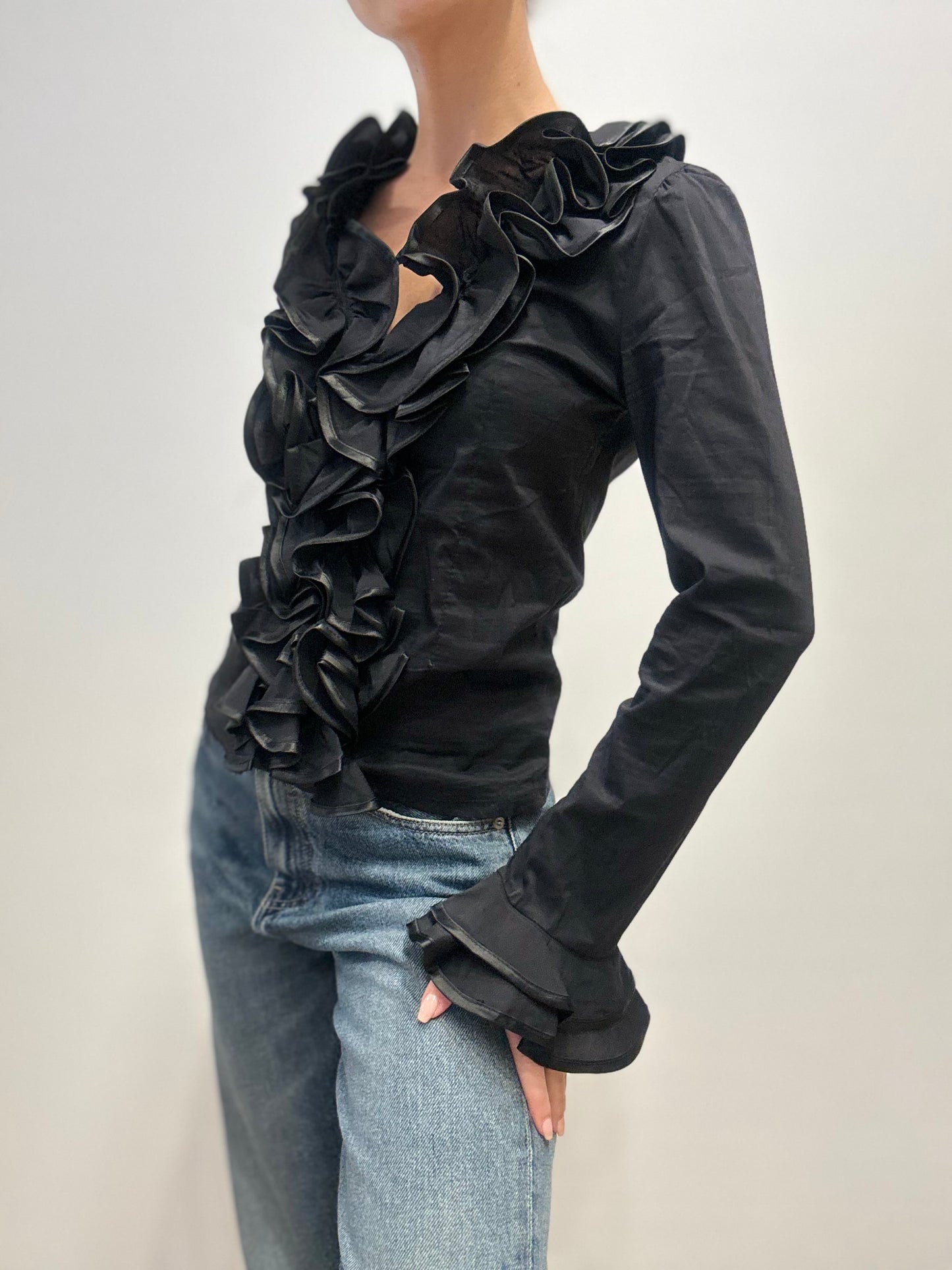 Ruffled Black Blouse Made in Italy