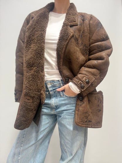 Vintage shearling jas met bloemenprint - chocoladebruin