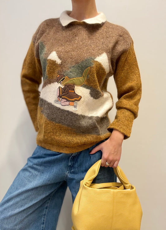 Vintage Trui met Patchwork & Geborduurd Detail
