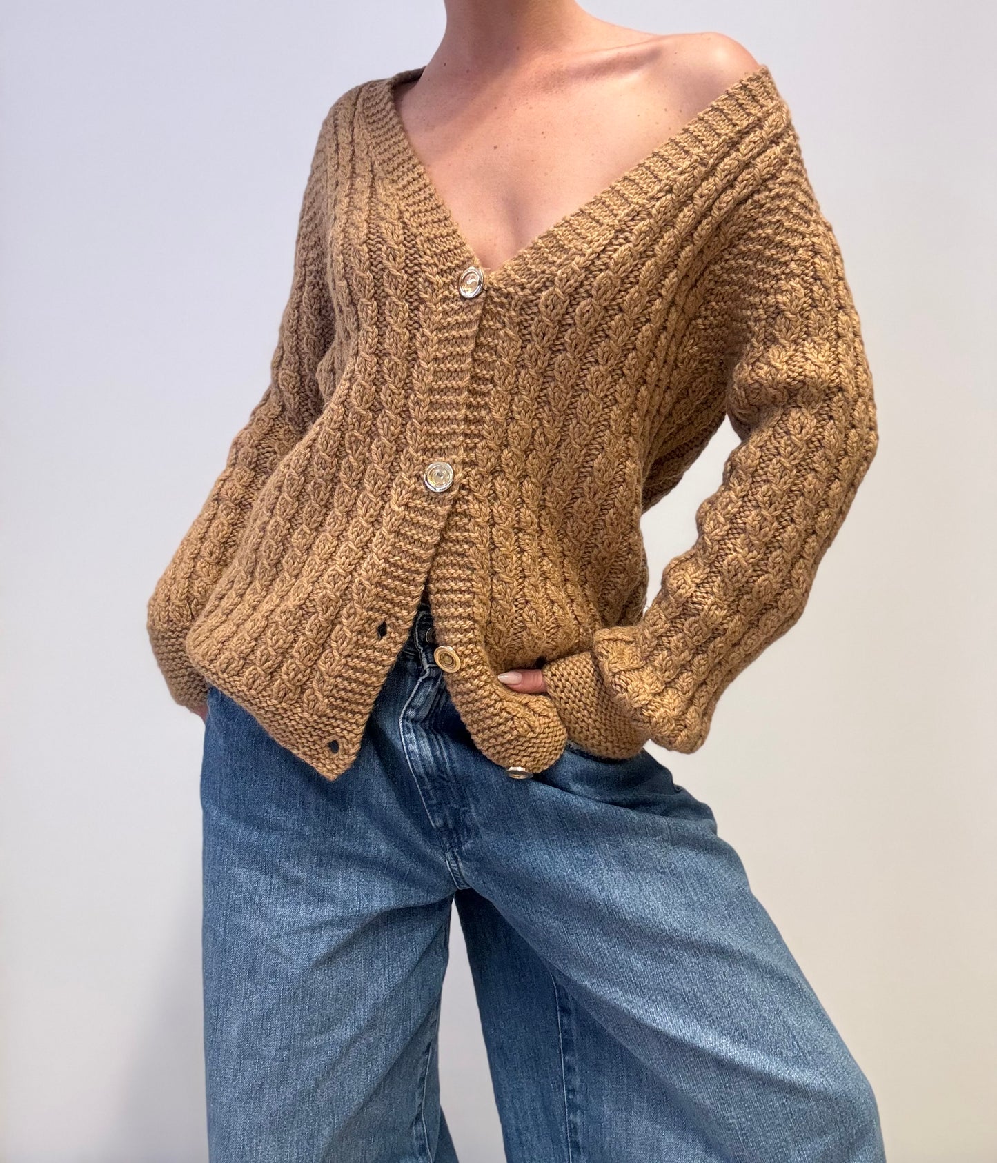 Vintage Cable Knit Cardigan in Caramel Brown