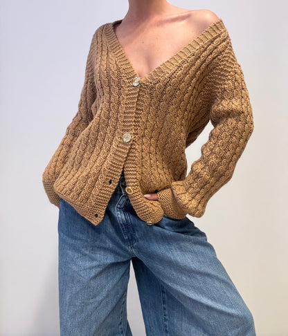 Vintage Cable Knit Cardigan in Caramel Brown
