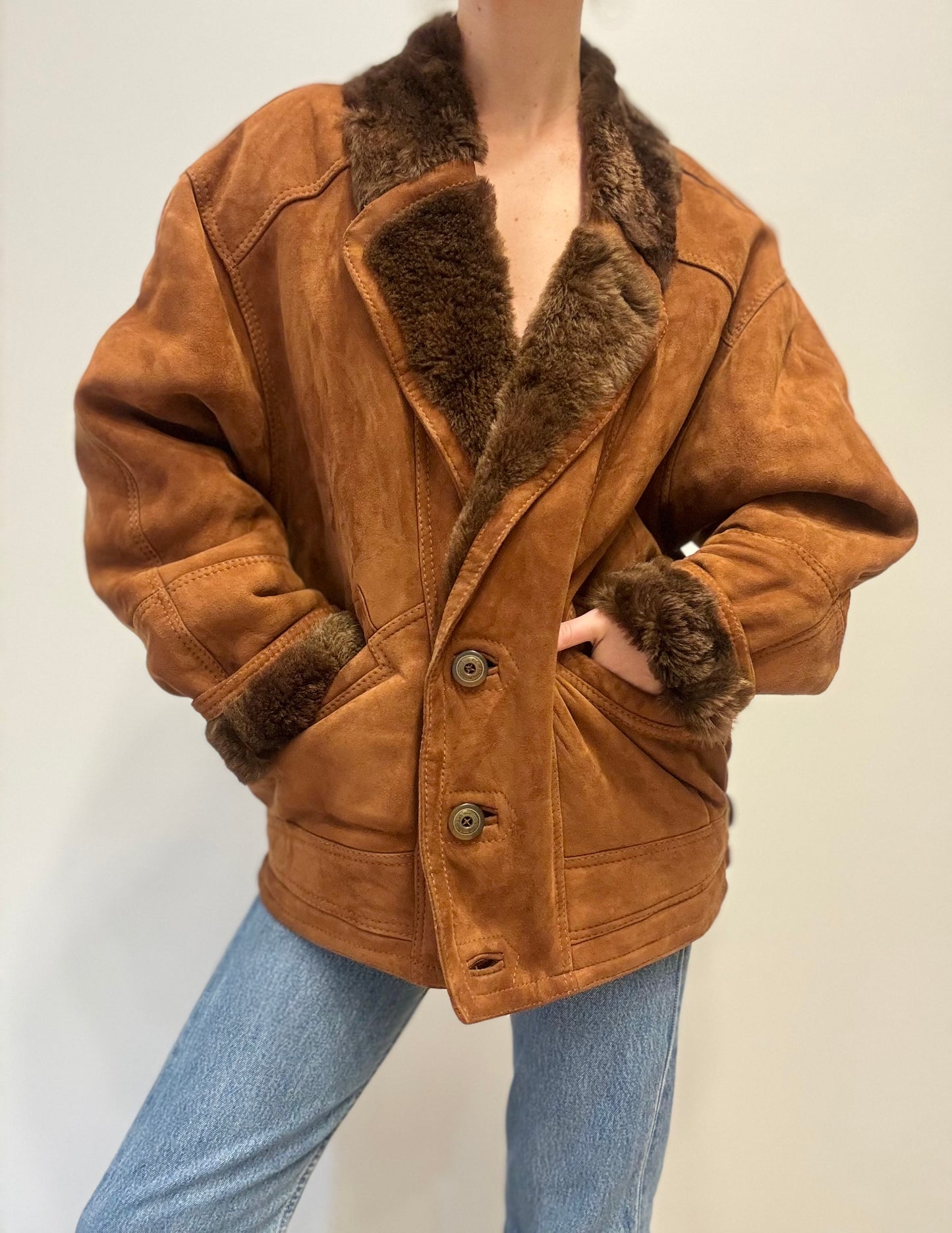 Vintage Shearling Coat in Cognac Brown