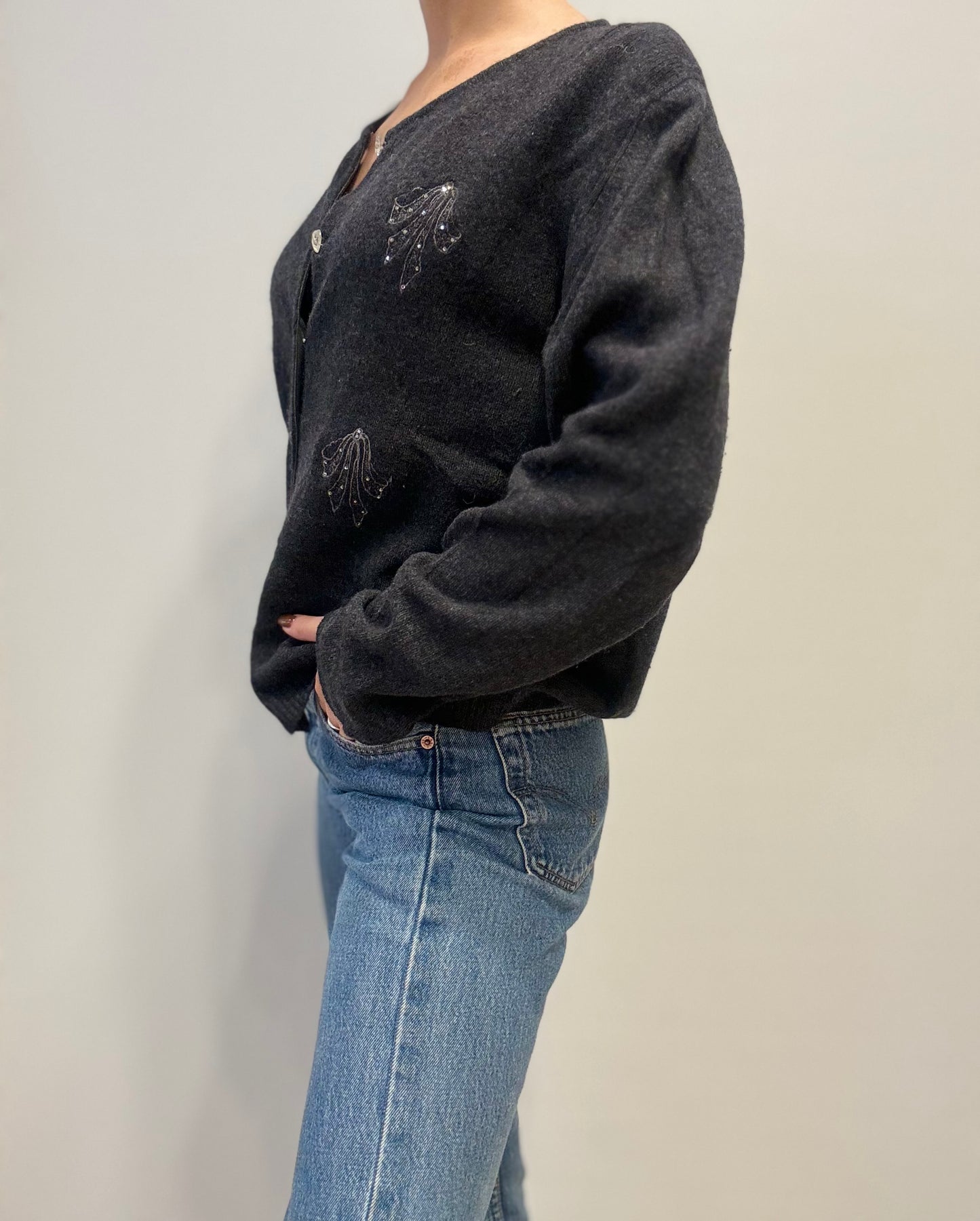 Vintage Wool-Blend Cardigan with Beaded Embellishments in Charcoal Grey