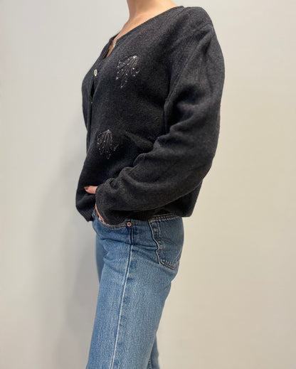 Vintage Wool-Blend Cardigan with Beaded Embellishments in Charcoal Grey