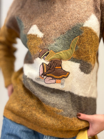 Vintage Trui met Patchwork & Geborduurd Detail