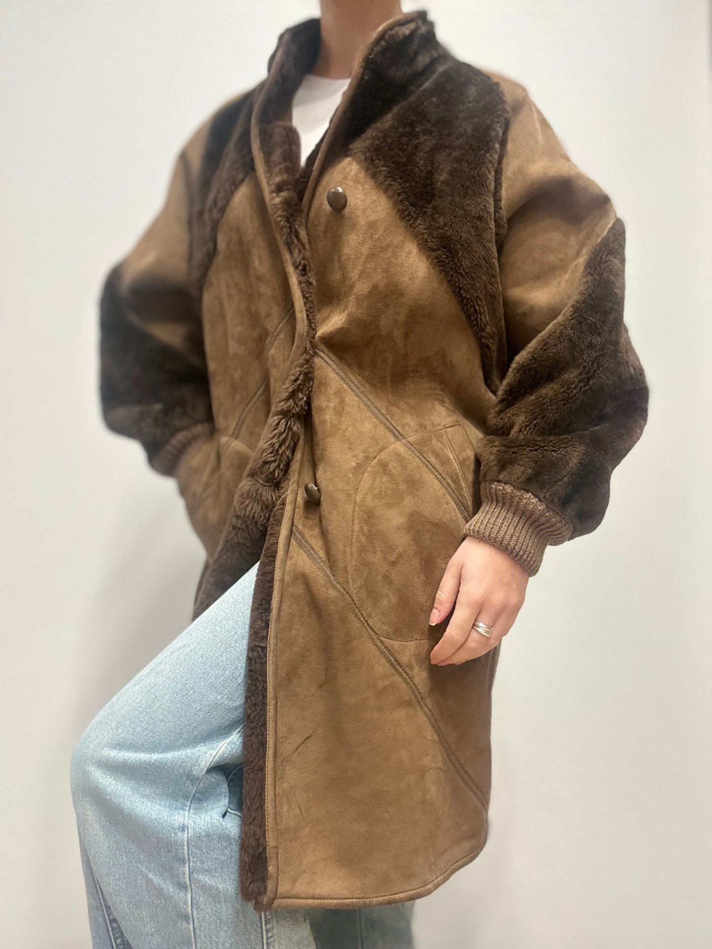 Vintage lammy midi jas met leer en shearling - Bruin