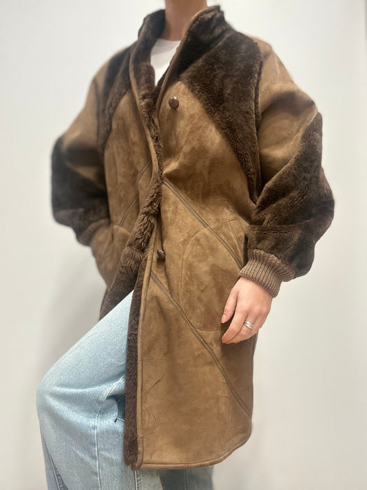 Vintage lammy midi jas met leer en shearling - Bruin
