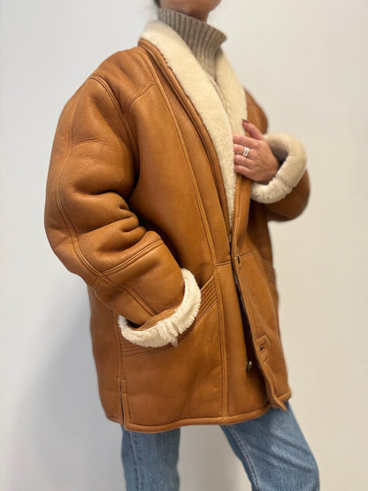 Vintage Shearling Coat in Camel Brown