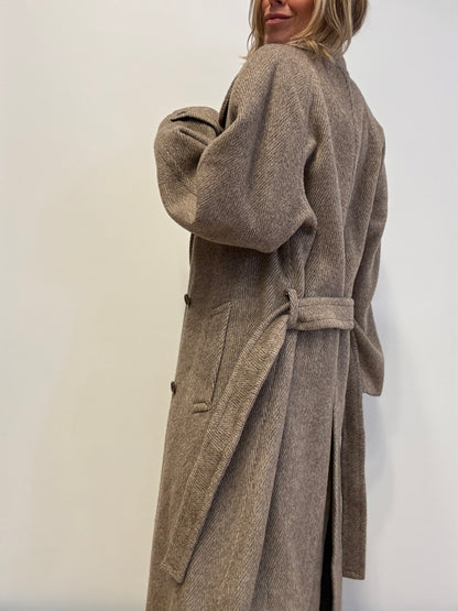 Vintage Wool-Blend Coat in Taupe Herringbone