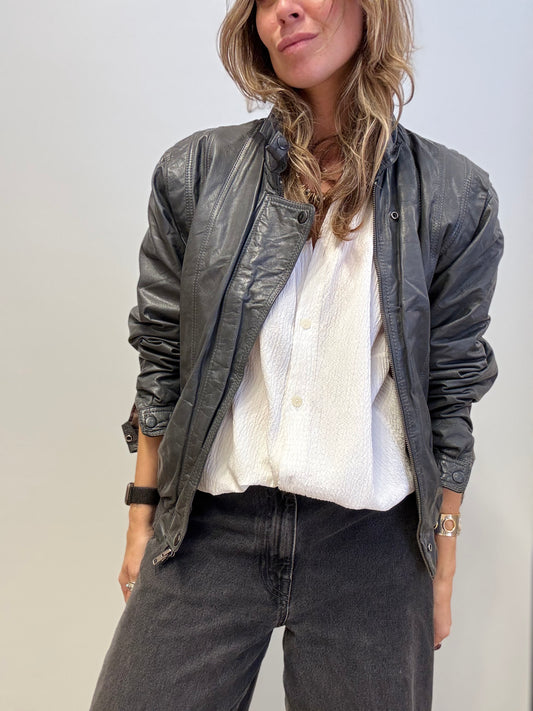 Vintage Grey Leather Bomber Jacket