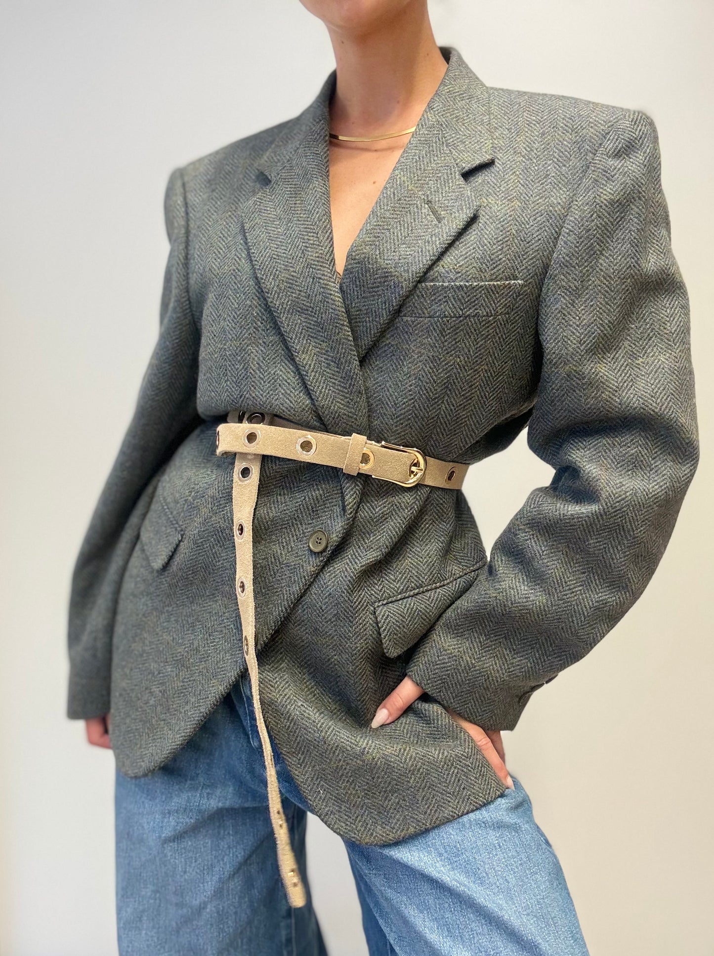 Vintage Herringbone Leonard Wool Blazer in Green