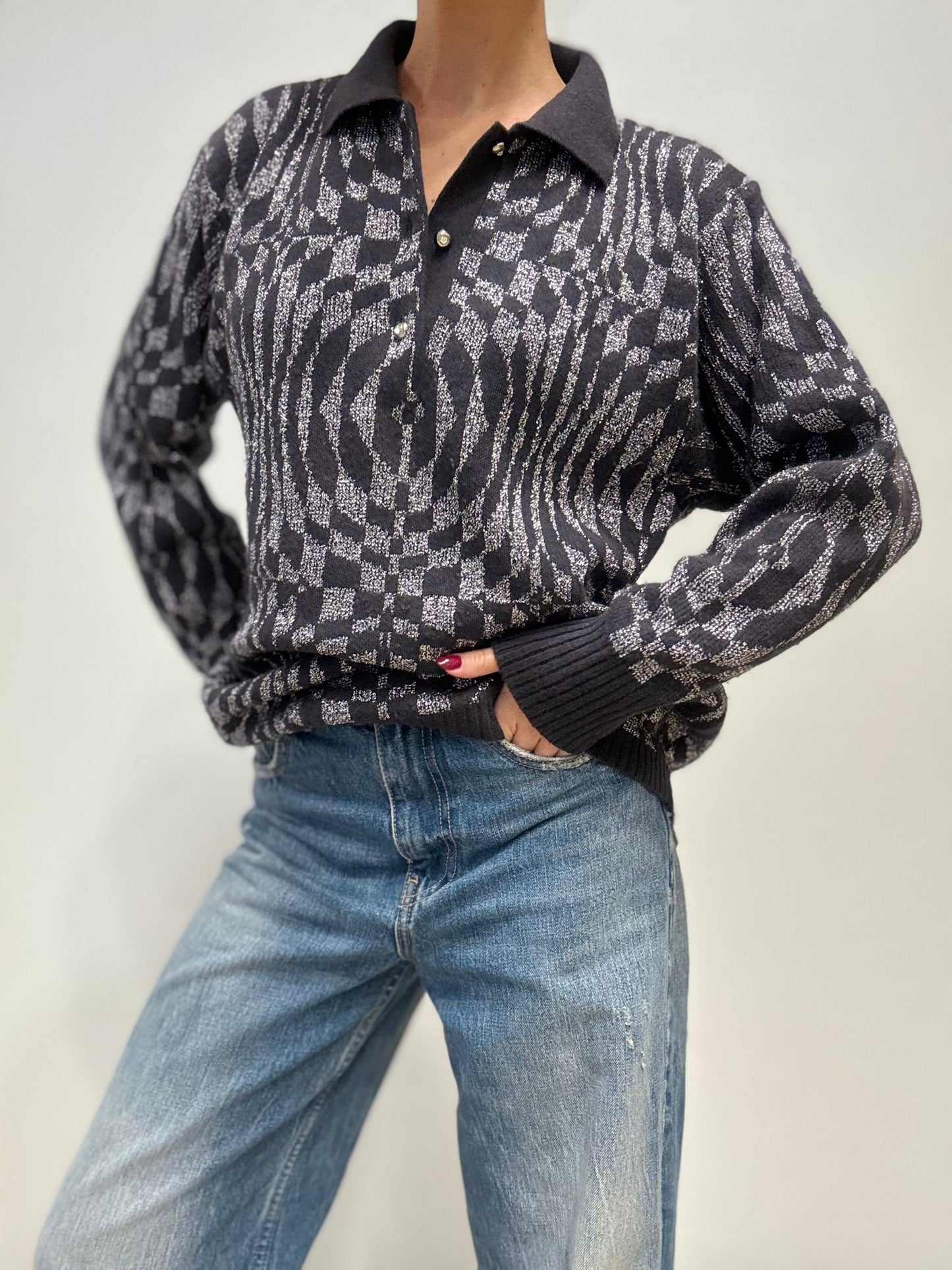 Italiaanse Vintage Polo Trui met Grafisch Motief en Glansdraad