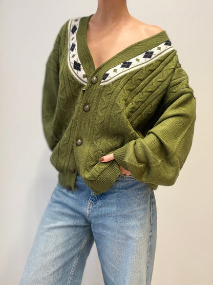 Vintage Olijfgroene Kabeltrui Cardigan met Ruitdetail
